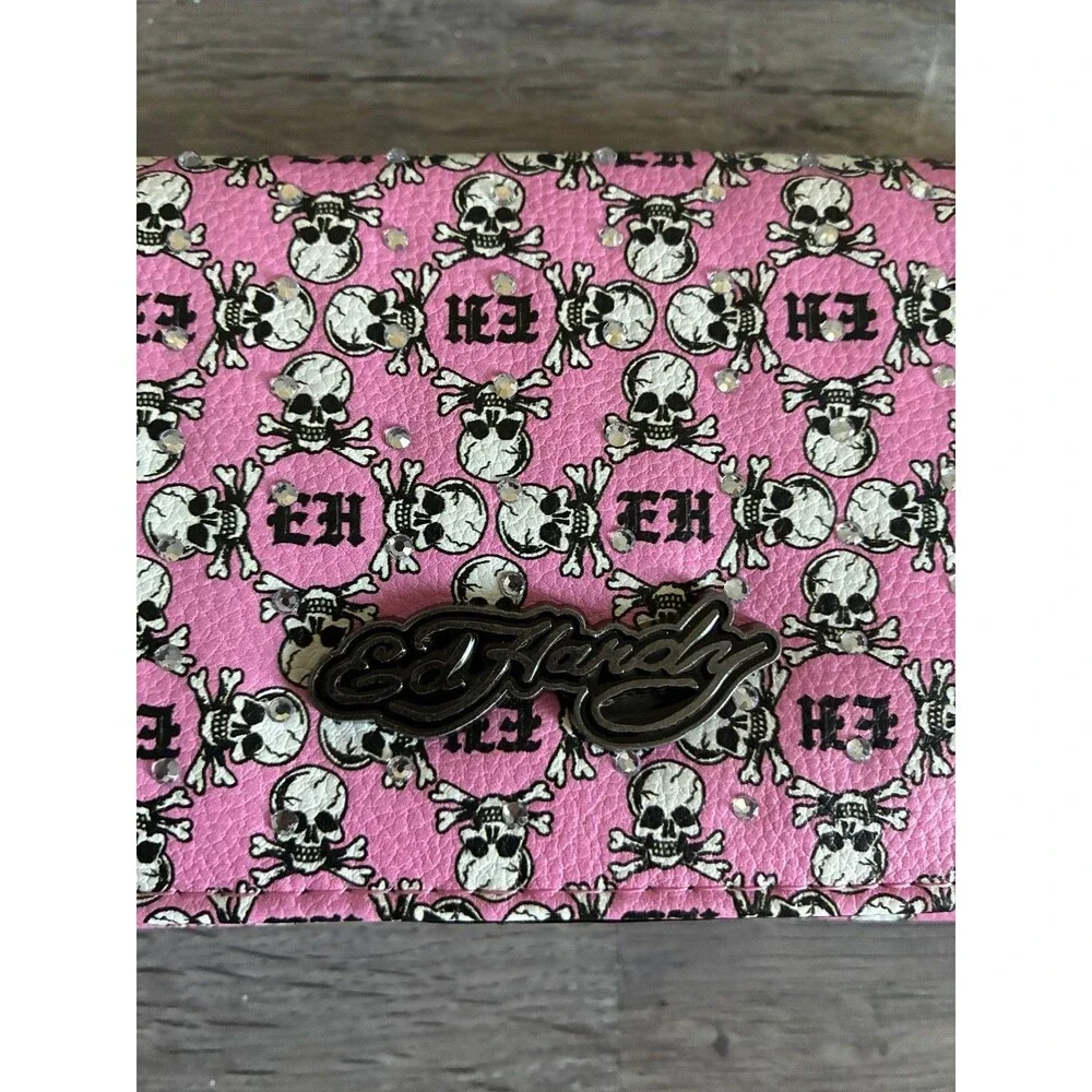 Ed Hardy Women's Pink Skull Rhinestone Trifold Wallet Clutch New With Tags